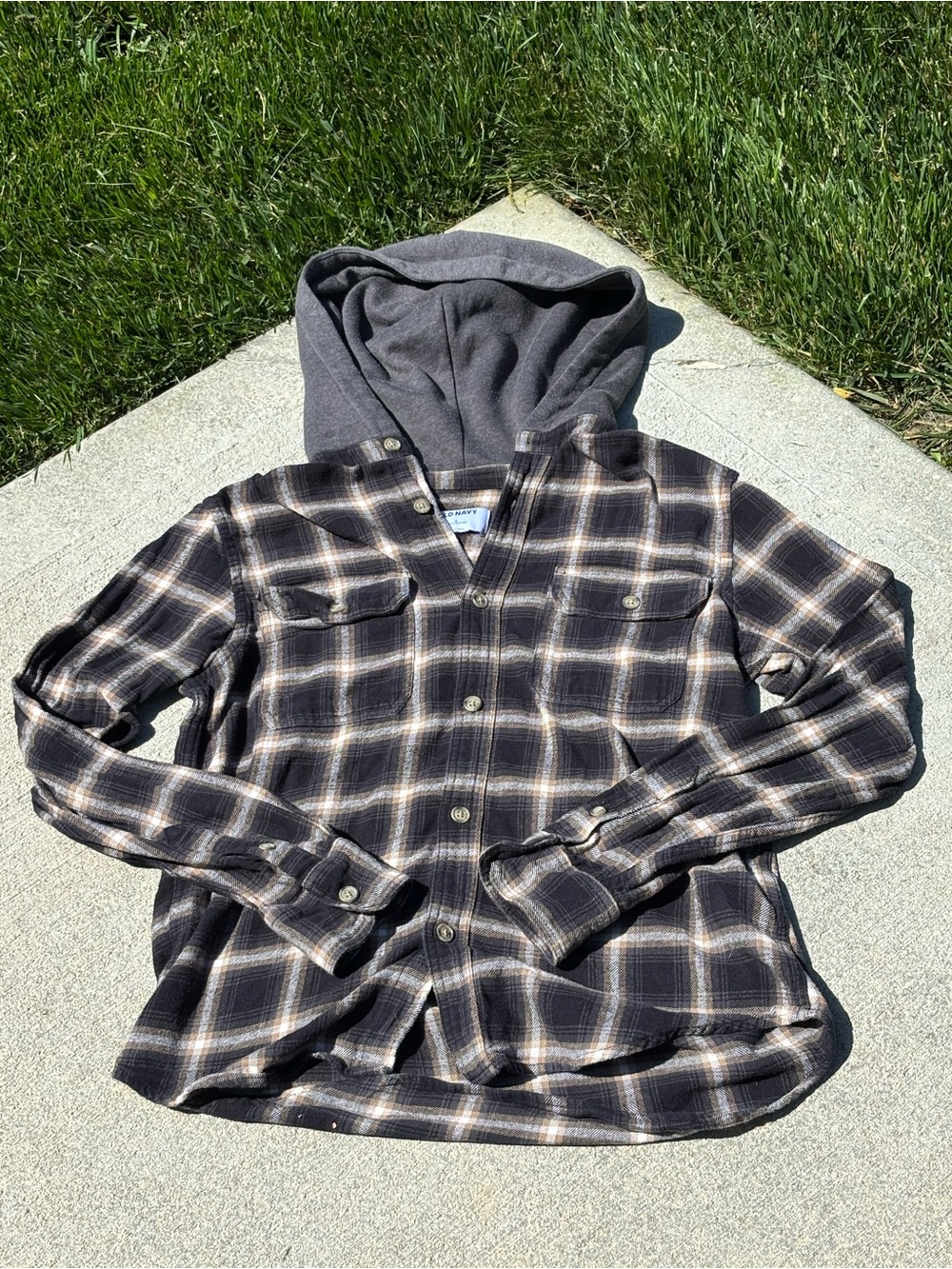 Old Navy Plaid Hooded Shirt Jacket - Black & Tan